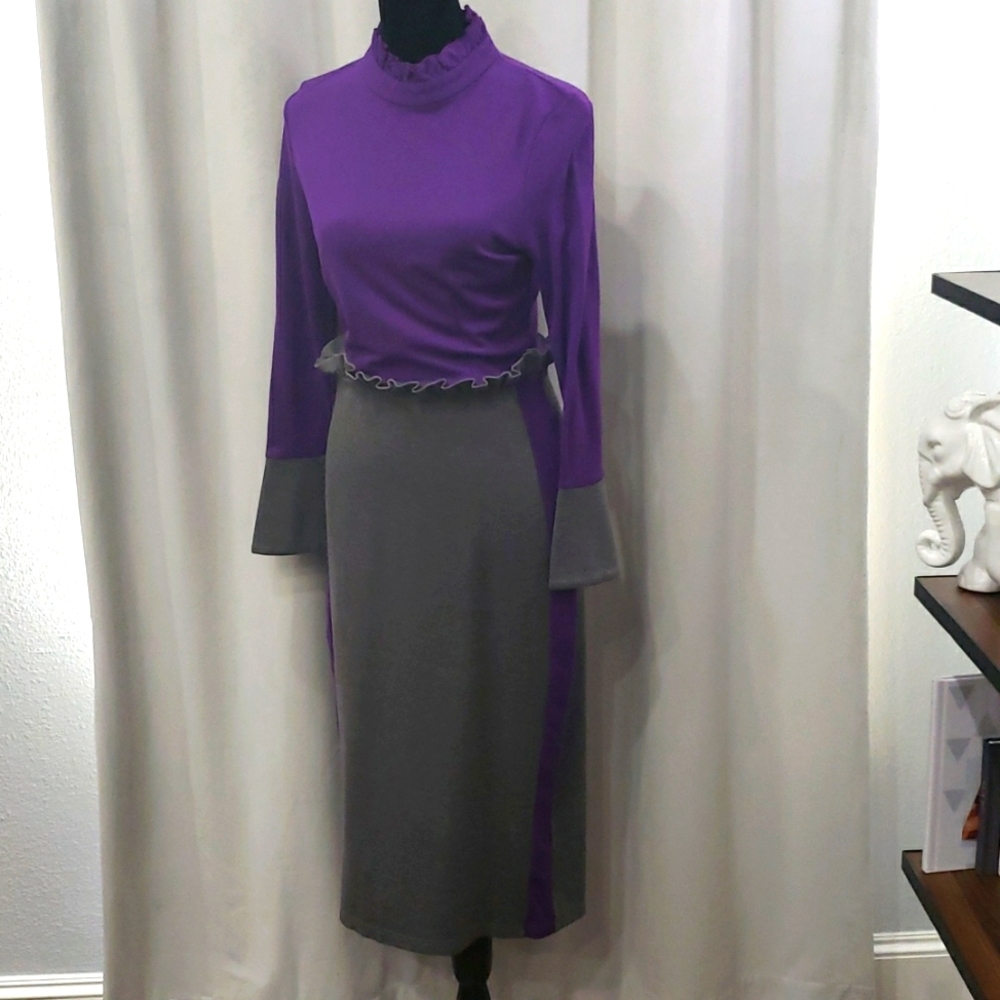 Metisu - Purple/Gray Long Sleeve Pencil Dress